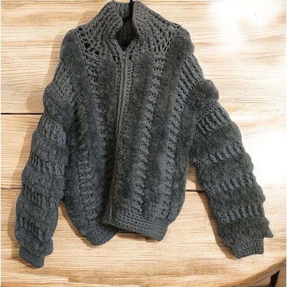 Vintage Andriano oversized Gray fluffy zip‎ up sweater Women's Size L Taiwan